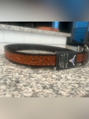 American Bison Men's Tan Embossed Leather Belt with Stud Accents